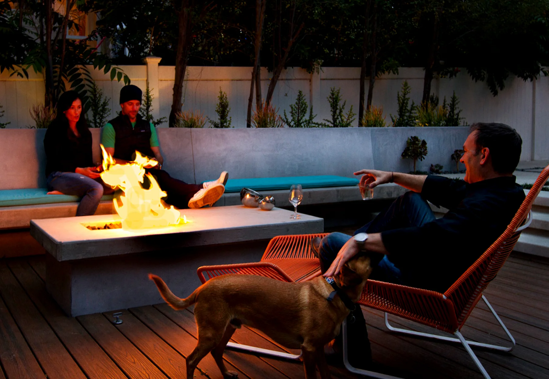 People relaxing around a fire pit in the evening with dogs nearby.